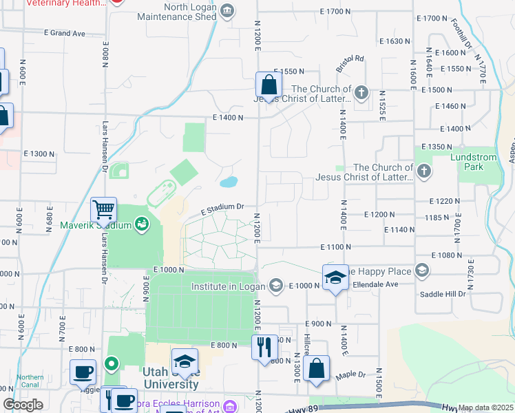 map of restaurants, bars, coffee shops, grocery stores, and more near 1180 North 1200 East in Logan