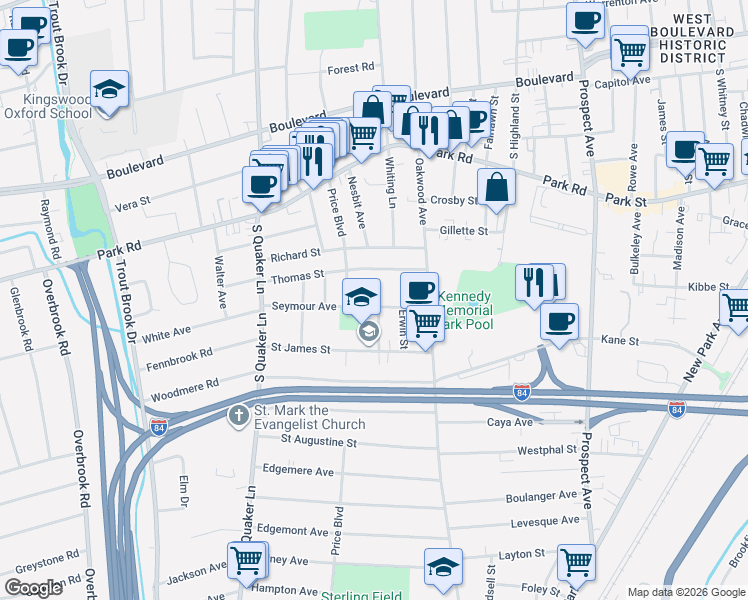 map of restaurants, bars, coffee shops, grocery stores, and more near 52 Seymour Avenue in West Hartford