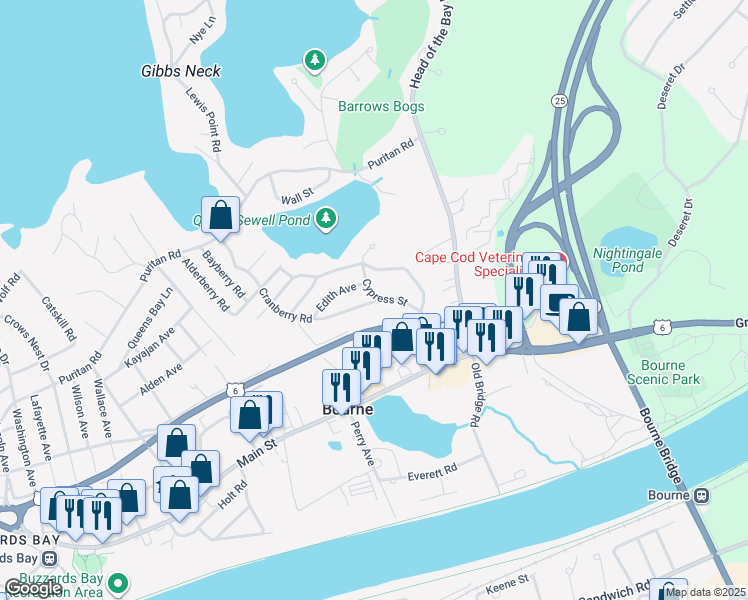 map of restaurants, bars, coffee shops, grocery stores, and more near 79 Cranberry Road in Bourne