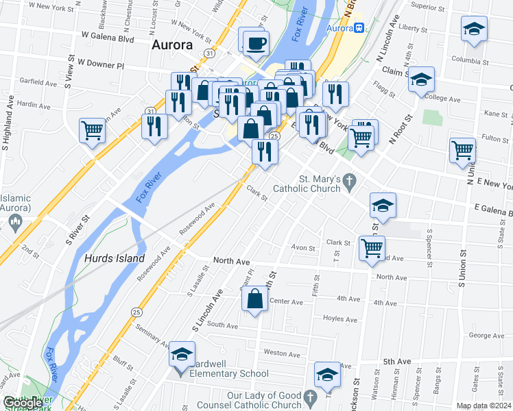 map of restaurants, bars, coffee shops, grocery stores, and more near 154 South Lasalle Street in Aurora
