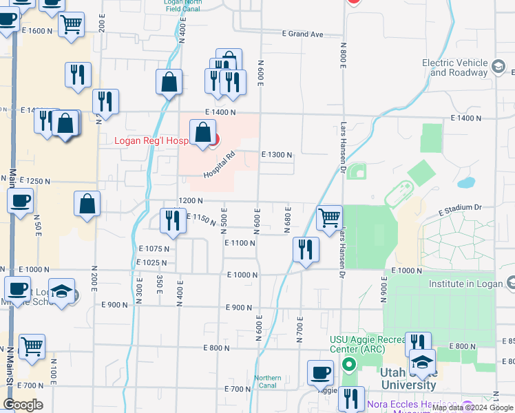 map of restaurants, bars, coffee shops, grocery stores, and more near 1188 North 600 East in Logan