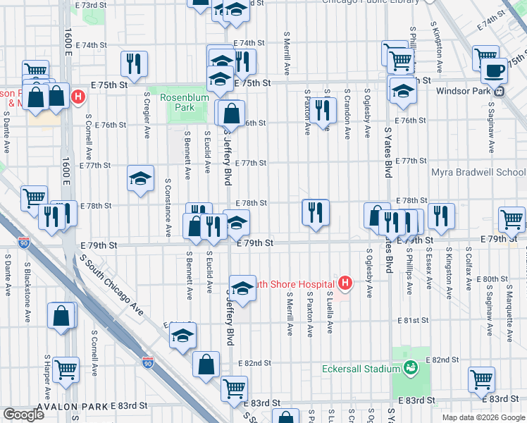 map of restaurants, bars, coffee shops, grocery stores, and more near 7829 South Chappel Avenue in Chicago