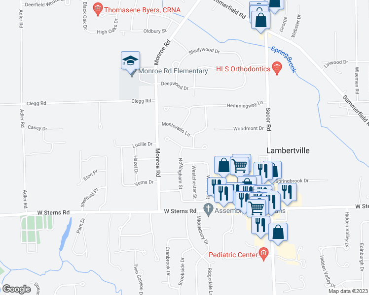 map of restaurants, bars, coffee shops, grocery stores, and more near Wimbledon Court in Lambertville