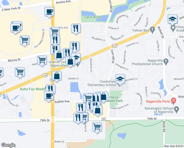 map of restaurants, bars, coffee shops, grocery stores, and more near 914 Shandrew Drive in Naperville
