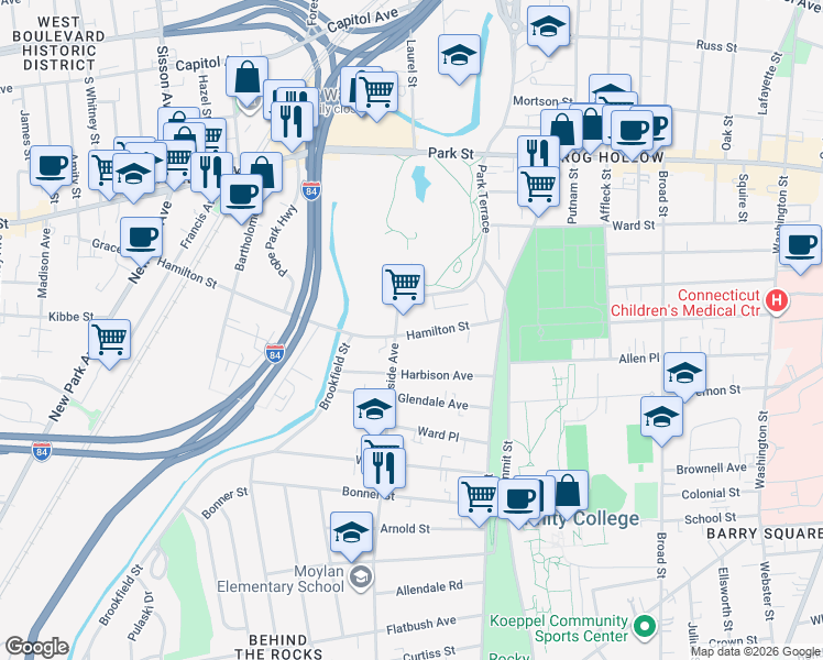 map of restaurants, bars, coffee shops, grocery stores, and more near 85 Hamilton Street in Hartford