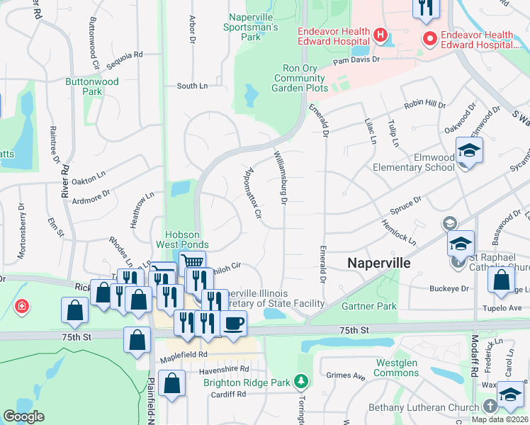 map of restaurants, bars, coffee shops, grocery stores, and more near 925 Appomattox Circle in Naperville