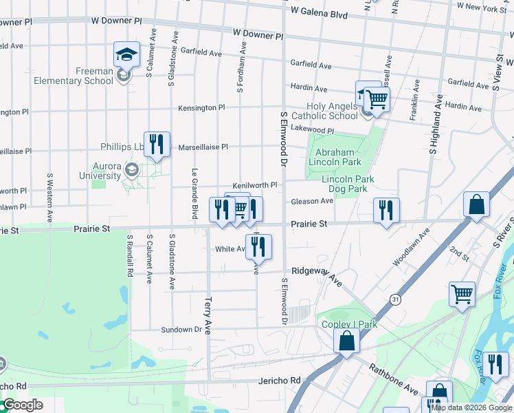 map of restaurants, bars, coffee shops, grocery stores, and more near 1019 Prairie Street in Aurora