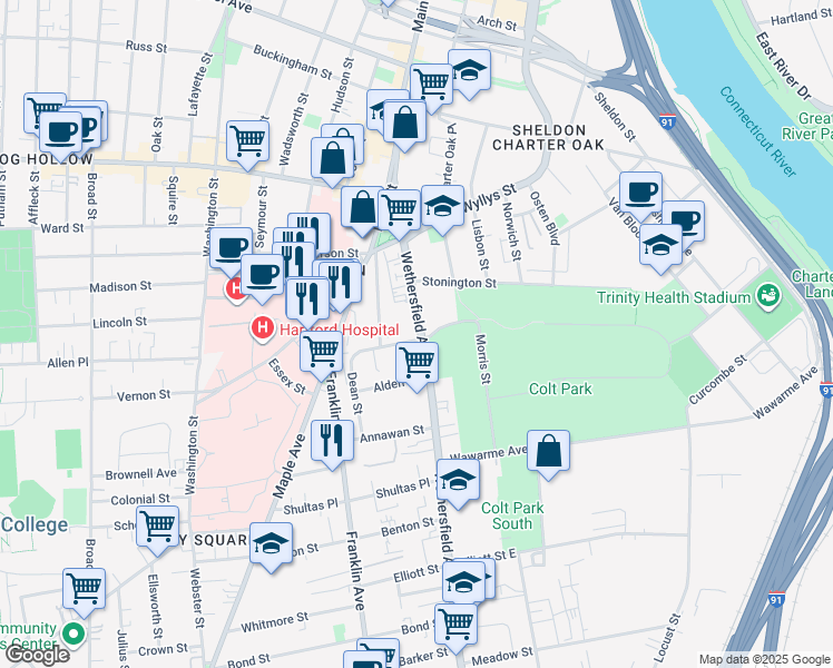 map of restaurants, bars, coffee shops, grocery stores, and more near 19 Morris Street in Hartford