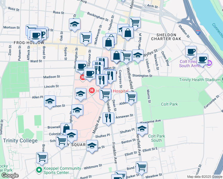 map of restaurants, bars, coffee shops, grocery stores, and more near 140 Maple Avenue in Hartford