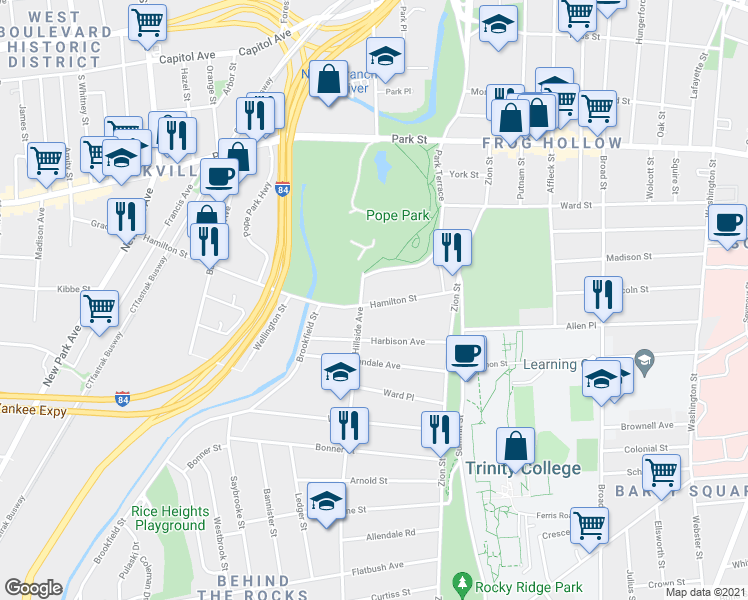 map of restaurants, bars, coffee shops, grocery stores, and more near 85 Hamilton Street in Hartford