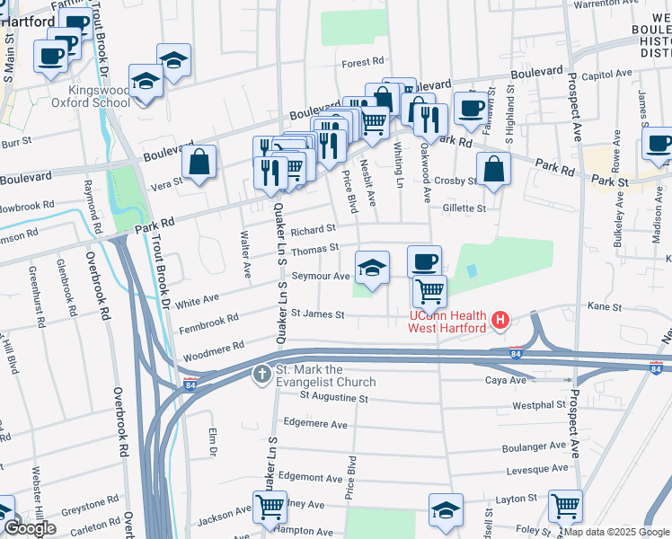 map of restaurants, bars, coffee shops, grocery stores, and more near 89 Seymour Avenue in West Hartford