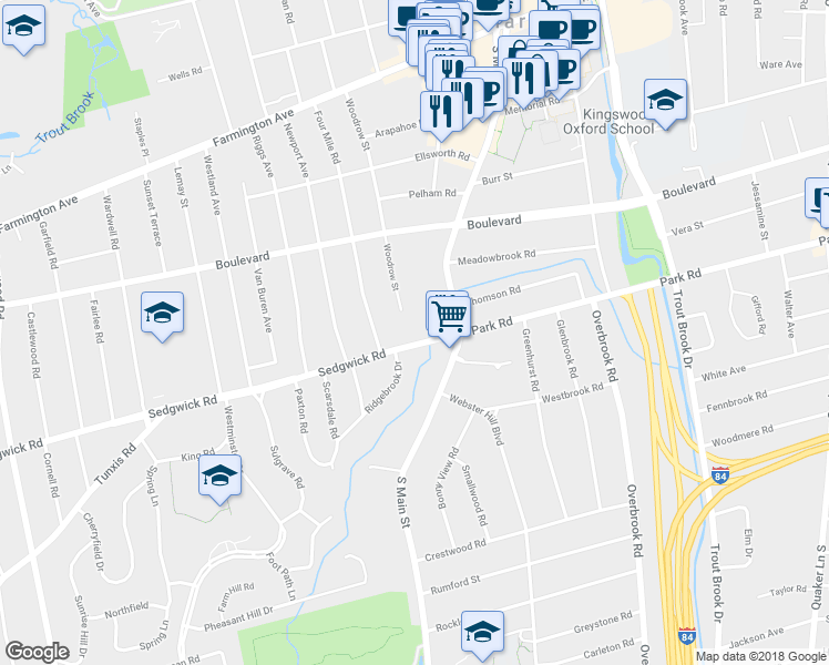 map of restaurants, bars, coffee shops, grocery stores, and more near 22 Sedgwick Road in West Hartford
