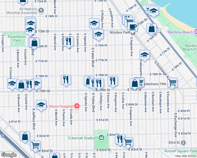 map of restaurants, bars, coffee shops, grocery stores, and more near 7834 South Phillips Avenue in Chicago