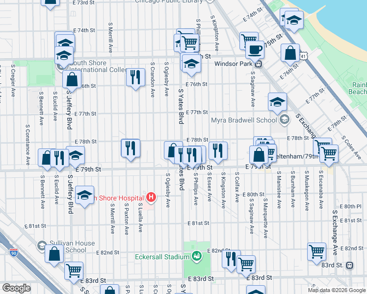 map of restaurants, bars, coffee shops, grocery stores, and more near 7834 South Phillips Avenue in Chicago
