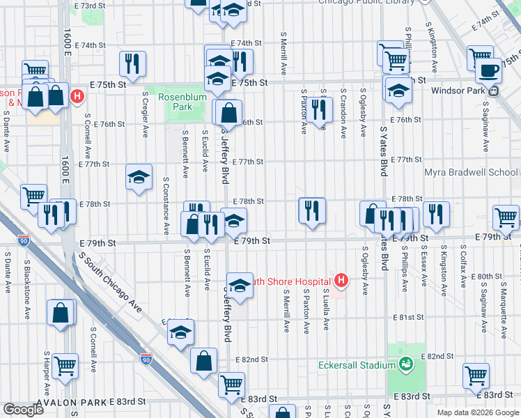 map of restaurants, bars, coffee shops, grocery stores, and more near 7829 South Chappel Avenue in Chicago