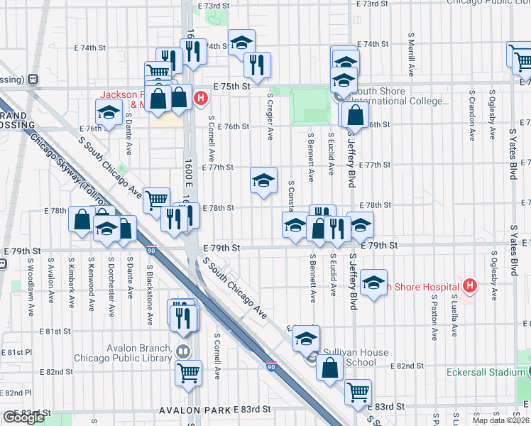 map of restaurants, bars, coffee shops, grocery stores, and more near 7829 South Ridgeland Avenue in Chicago