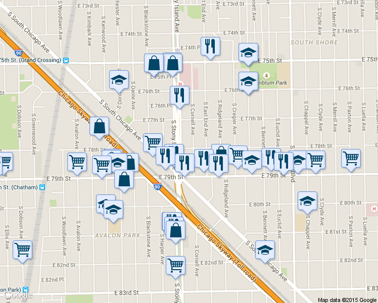 map of restaurants, bars, coffee shops, grocery stores, and more near 7824 South Cornell Avenue in Chicago
