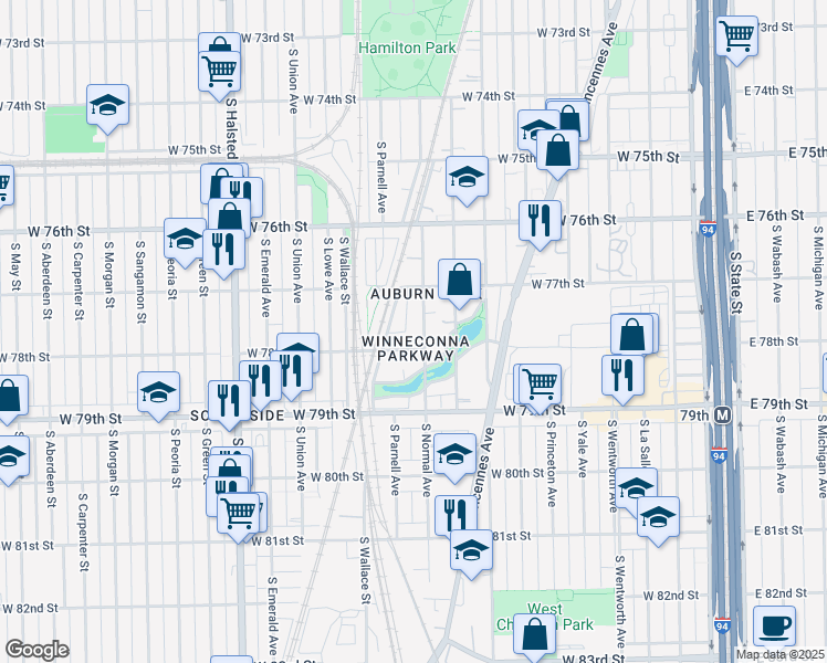 map of restaurants, bars, coffee shops, grocery stores, and more near 513 West 78th Street in Chicago