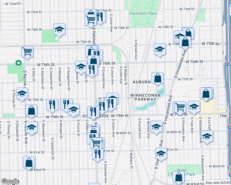 map of restaurants, bars, coffee shops, grocery stores, and more near 7758 South Union Avenue in Chicago