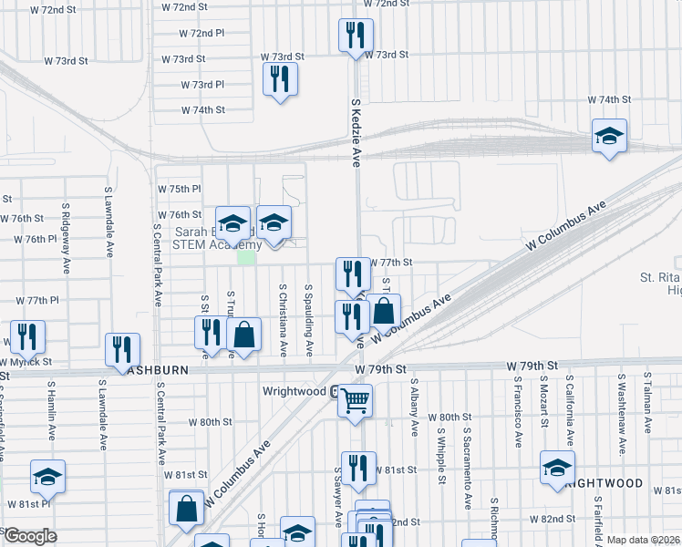 map of restaurants, bars, coffee shops, grocery stores, and more near 7731 South Sawyer Avenue in Chicago