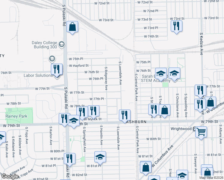 map of restaurants, bars, coffee shops, grocery stores, and more near 3730 West 77th Place in Chicago