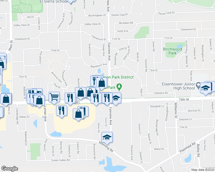 map of restaurants, bars, coffee shops, grocery stores, and more near 402 75th Street in Downers Grove