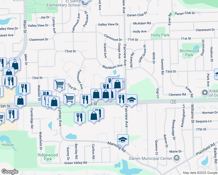 map of restaurants, bars, coffee shops, grocery stores, and more near 460 75th Street in Downers Grove