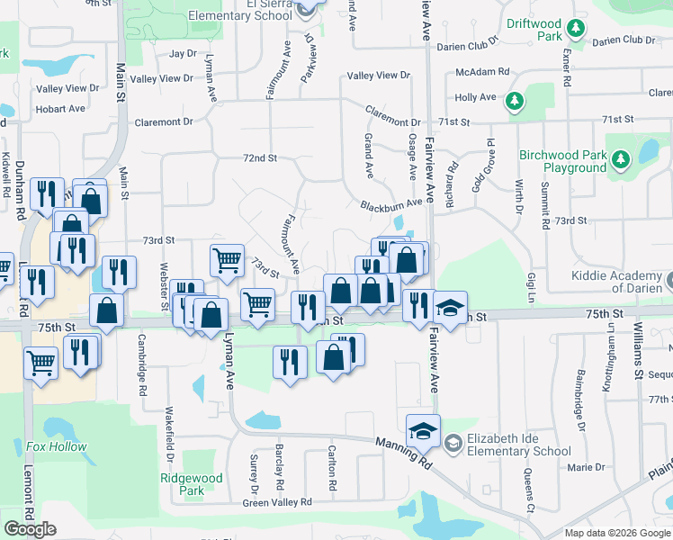 map of restaurants, bars, coffee shops, grocery stores, and more near 550 75th Street in Downers Grove
