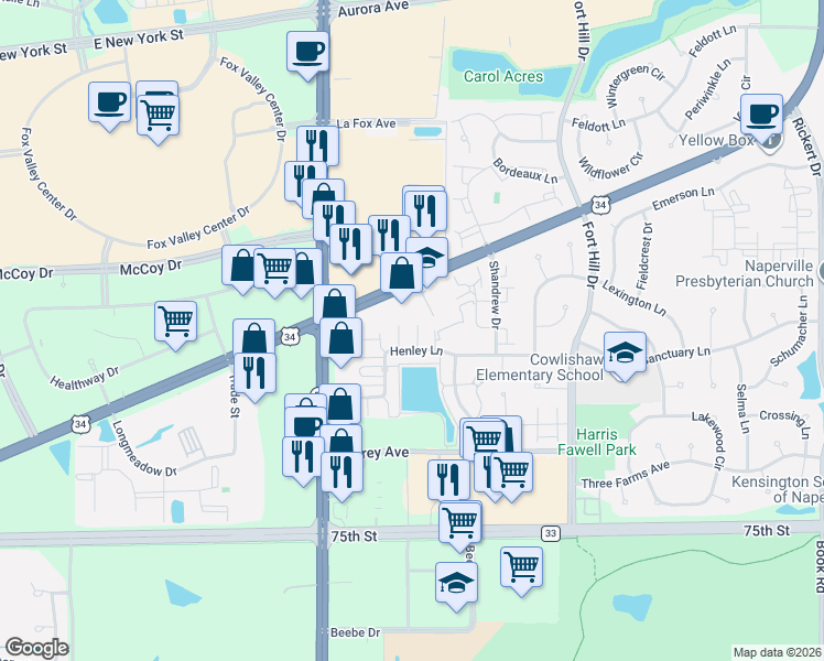 map of restaurants, bars, coffee shops, grocery stores, and more near 2852 Henley Lane in Naperville