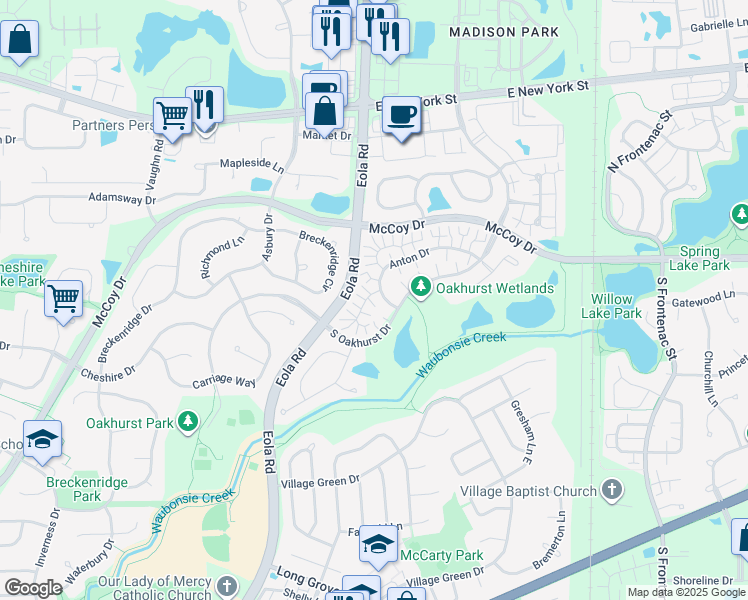 map of restaurants, bars, coffee shops, grocery stores, and more near 3002 Anton Drive in Aurora