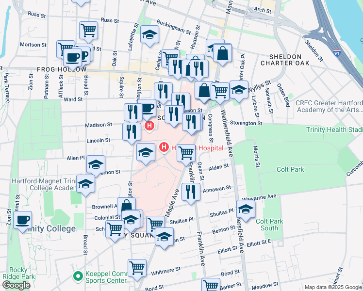 map of restaurants, bars, coffee shops, grocery stores, and more near 140 Maple Avenue in Hartford