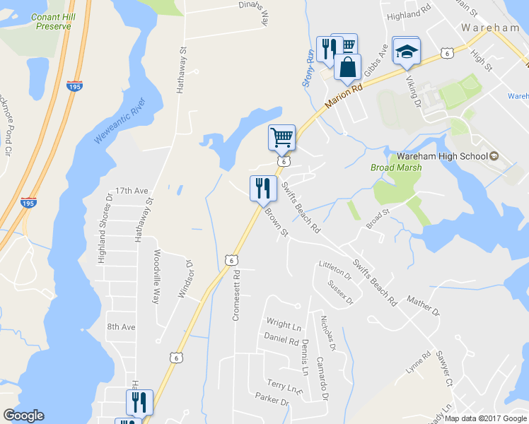 map of restaurants, bars, coffee shops, grocery stores, and more near 256 Marion Road in Wareham