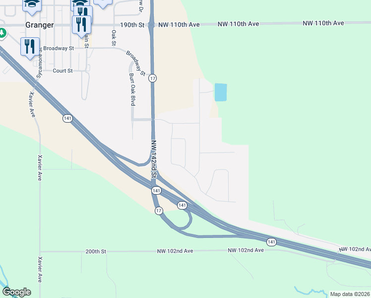 map of restaurants, bars, coffee shops, grocery stores, and more near 1607 Ironwood Drive in Granger