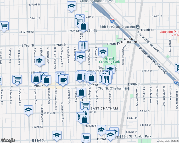 map of restaurants, bars, coffee shops, grocery stores, and more near South Maryland Avenue in Chicago