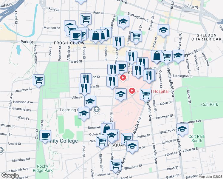 map of restaurants, bars, coffee shops, grocery stores, and more near in Hartford