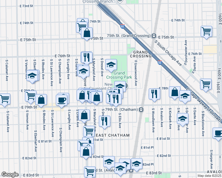 map of restaurants, bars, coffee shops, grocery stores, and more near South Ingleside Avenue & East 78th Street in Chicago