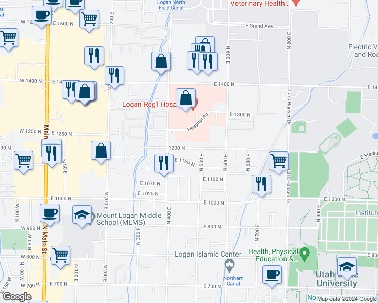 map of restaurants, bars, coffee shops, grocery stores, and more near 470 East 1200 North in Logan