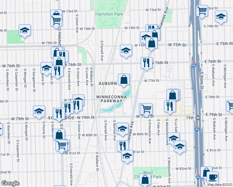 map of restaurants, bars, coffee shops, grocery stores, and more near 7741 South Normal Avenue in Chicago