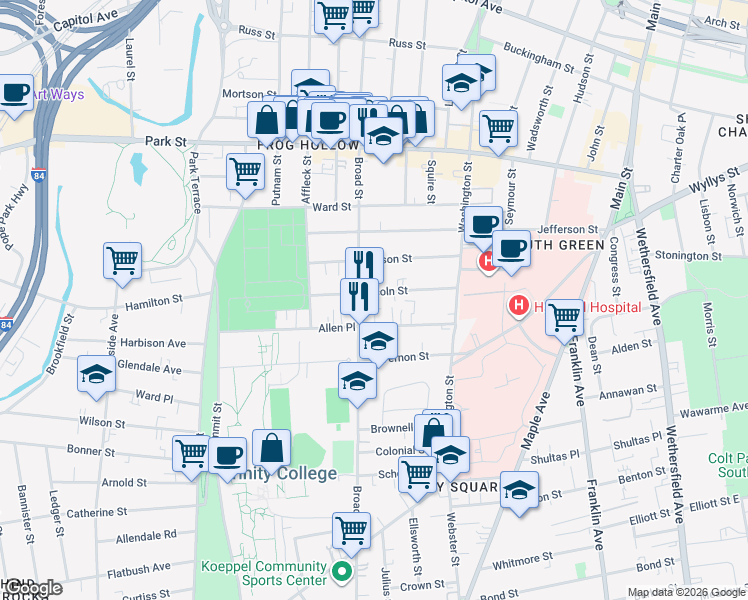 map of restaurants, bars, coffee shops, grocery stores, and more near in Hartford