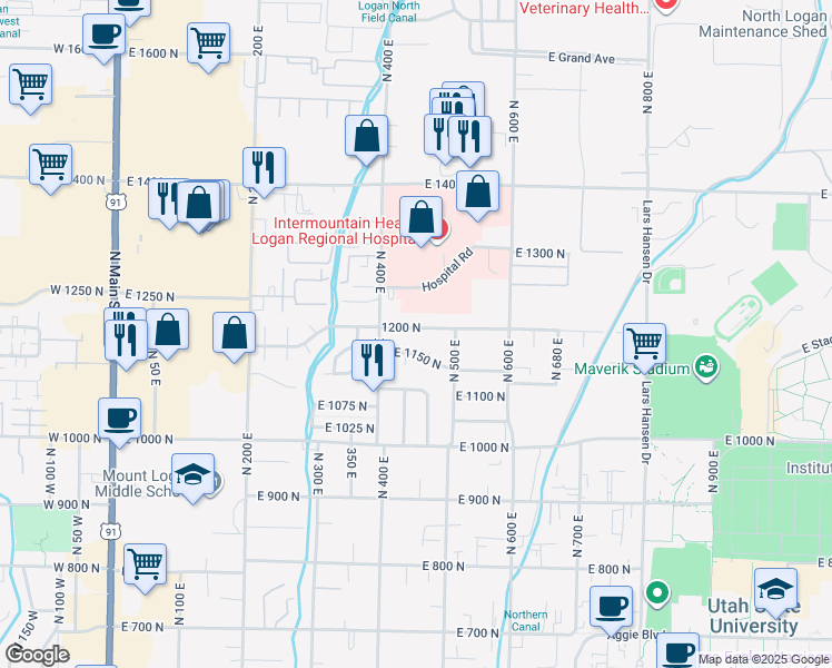 map of restaurants, bars, coffee shops, grocery stores, and more near 450 East 1200 North in Logan