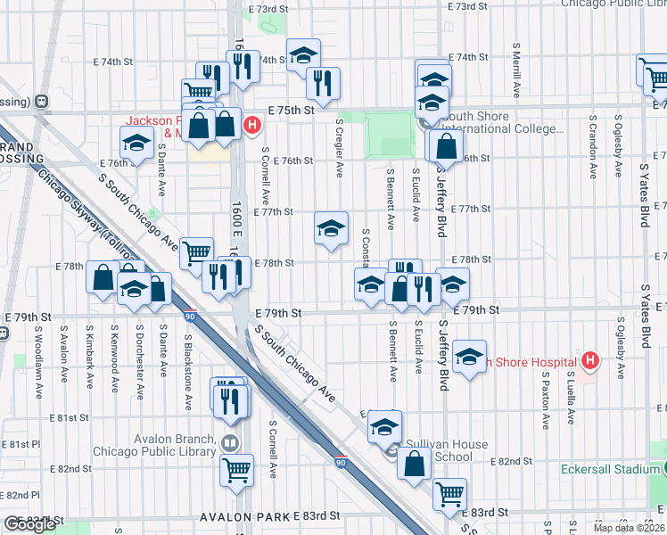 map of restaurants, bars, coffee shops, grocery stores, and more near 7829 South Ridgeland Avenue in Chicago
