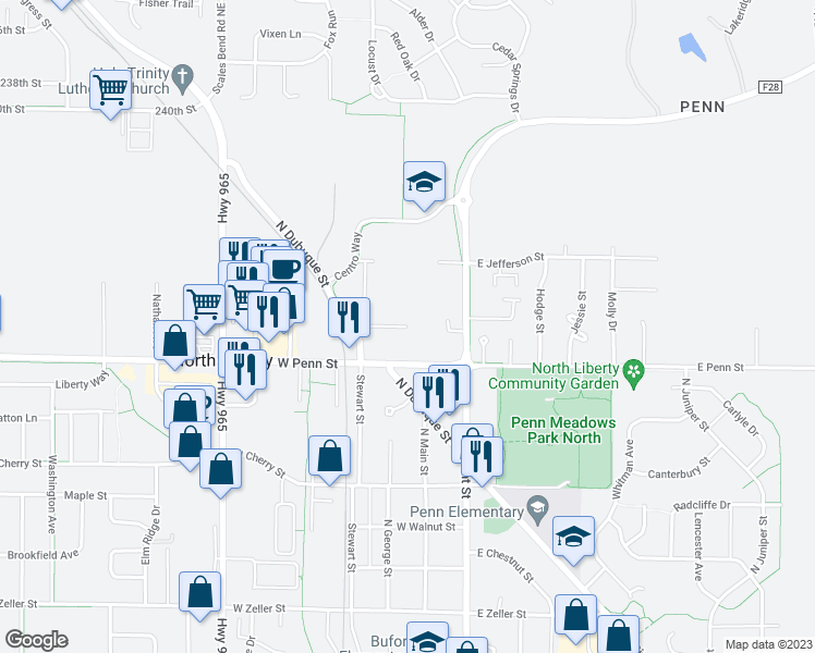 map of restaurants, bars, coffee shops, grocery stores, and more near 201 Copeland Lane in North Liberty