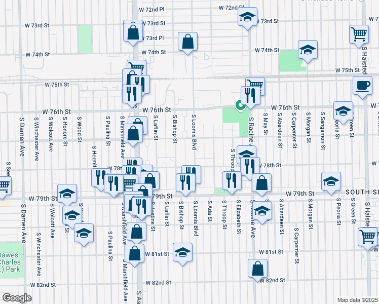 map of restaurants, bars, coffee shops, grocery stores, and more near 7557 South Loomis Boulevard in Chicago