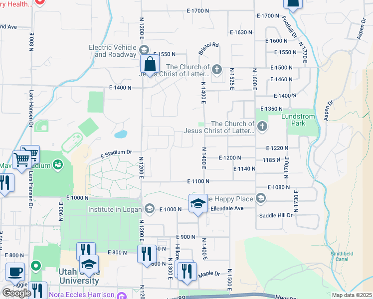 map of restaurants, bars, coffee shops, grocery stores, and more near 1360 East 1220 North in Logan