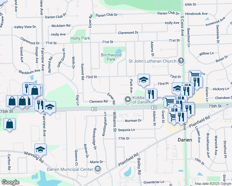 map of restaurants, bars, coffee shops, grocery stores, and more near 1610 Clemens Road in Darien