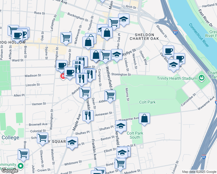 map of restaurants, bars, coffee shops, grocery stores, and more near 19 Morris Street in Hartford