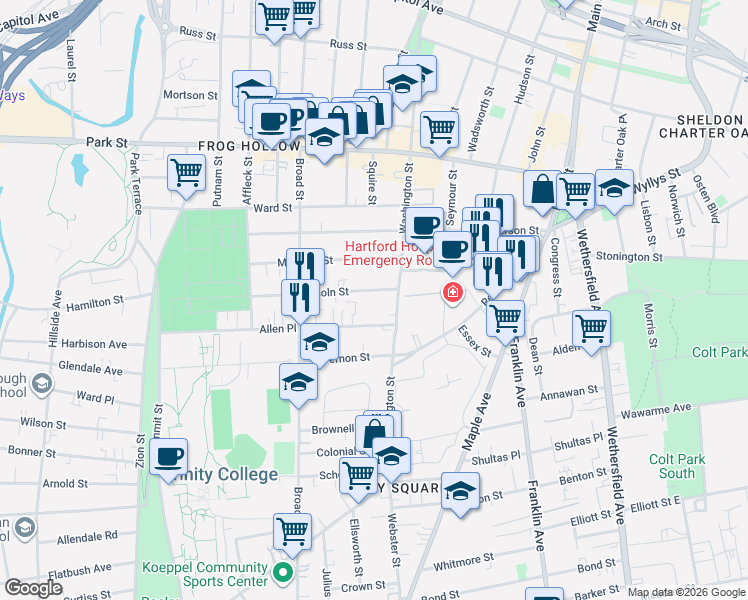 map of restaurants, bars, coffee shops, grocery stores, and more near 20 Allen Place in Hartford