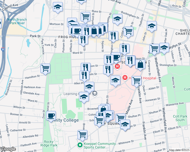 map of restaurants, bars, coffee shops, grocery stores, and more near 50 Allen Place in Hartford