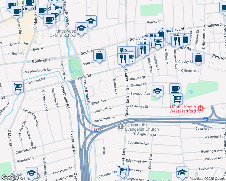 map of restaurants, bars, coffee shops, grocery stores, and more near 28 White Avenue in West Hartford