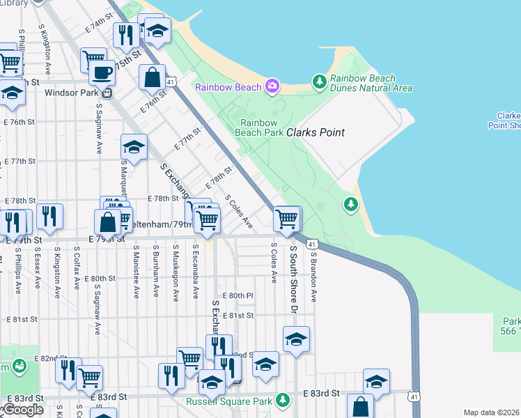 map of restaurants, bars, coffee shops, grocery stores, and more near 7877 South Coles Avenue in Chicago